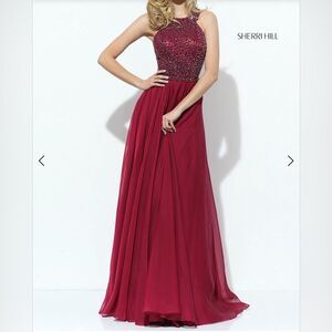 Sherri Hill Beaded Halter Back Fit & Flare Burgundy Ball Gown Size 18